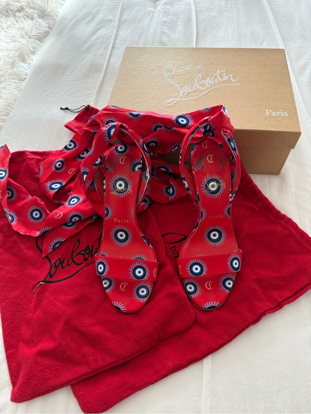 Christian Louboutin Red Satin Open-Toe Ankle-Tie Heels with Eye Print
